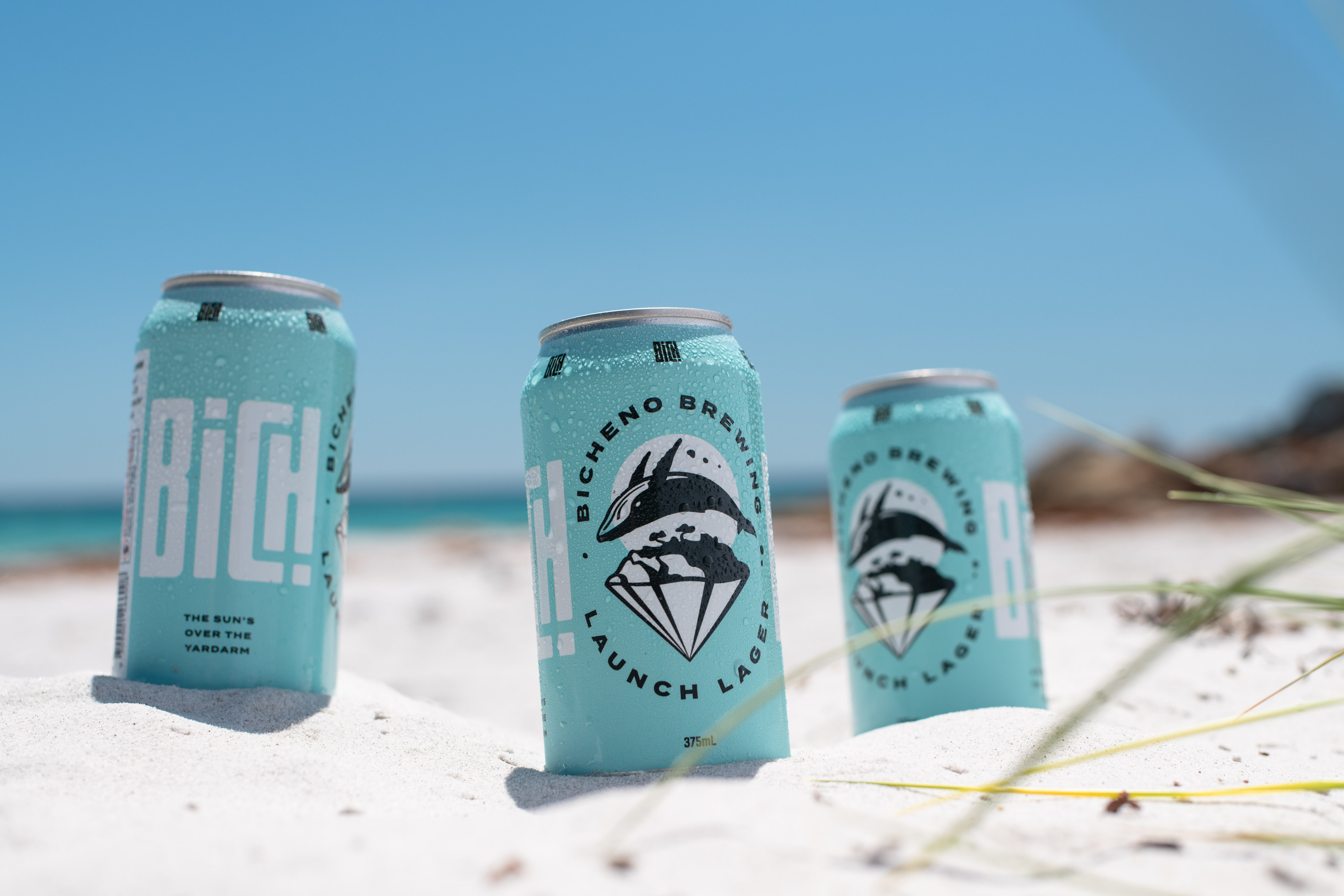 Three Blue Bicheno Brewing cans sitting in the sand.